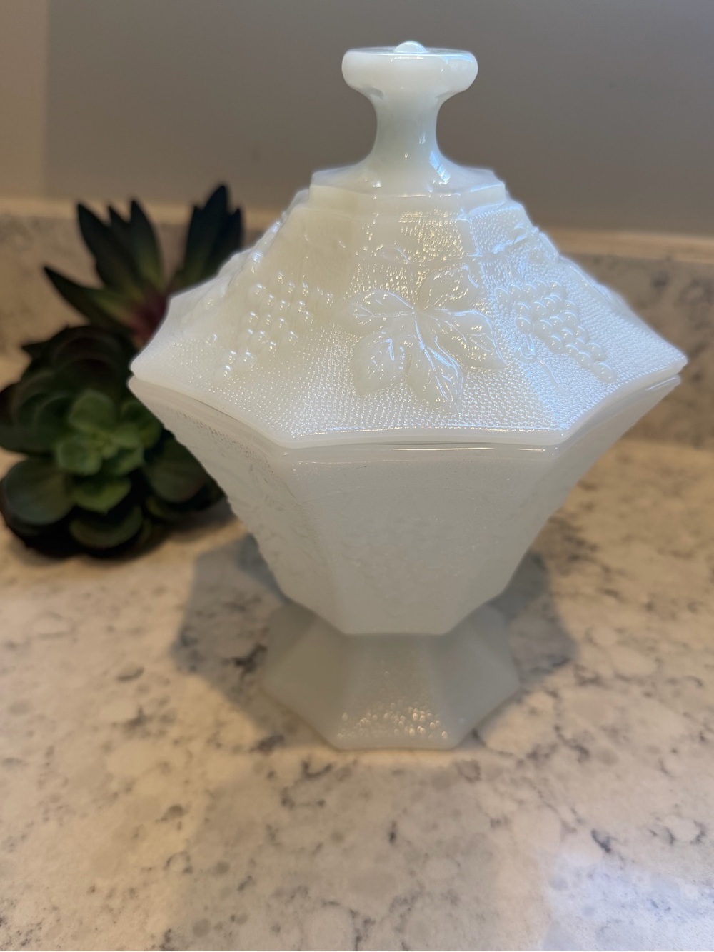 Vintage White Milk Glass Covered Candy Dish - Decorative Grapevine Accent